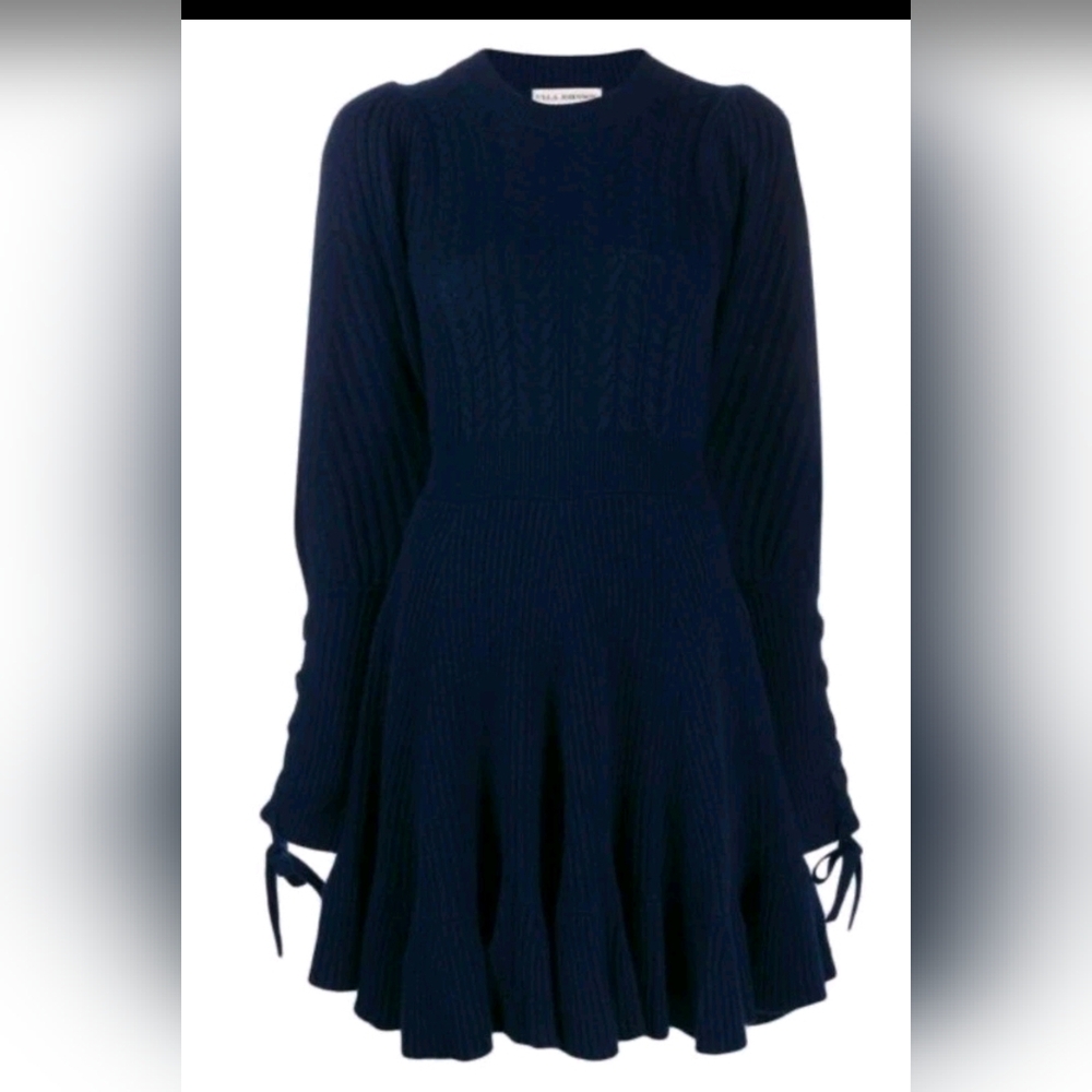 Ulla Johnson Size S Renee Cable Knitted Dress Wool Cashmere Navy Puff Sleeve